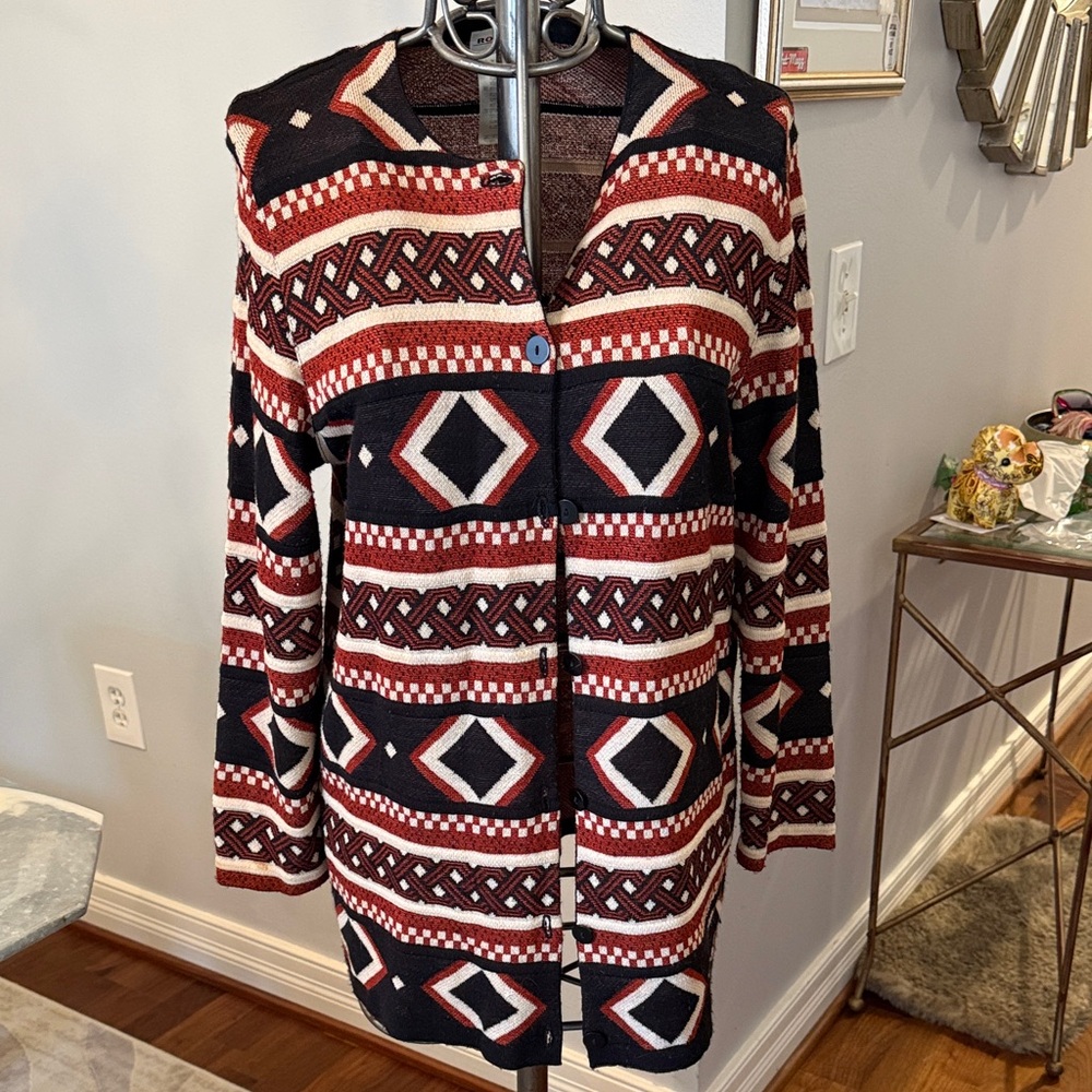 RODIER Women's Cardigan - Black, Red, White Geometric Design
